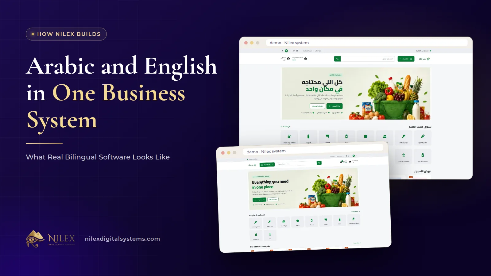 The same Nilex system screen shown in English and in right-to-left Arabic, next to an Arabic PDF and a store page in both languages