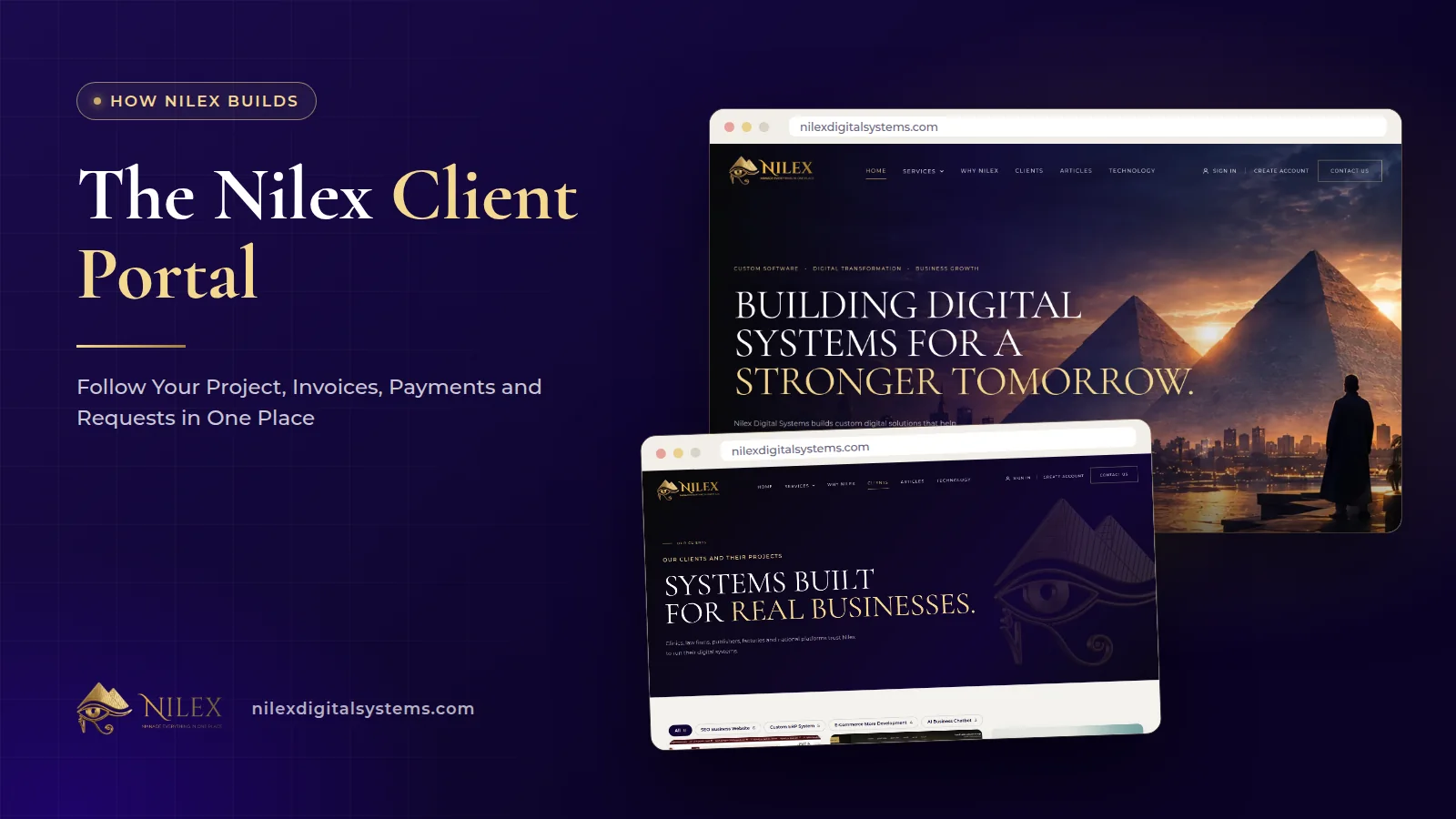 The Nilex client portal showing a client's project, invoices with payment receipts and open support requests