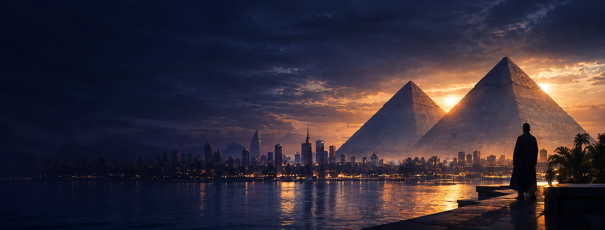 Cairo skyline and the Giza pyramids at sunset, overlooking the Nile