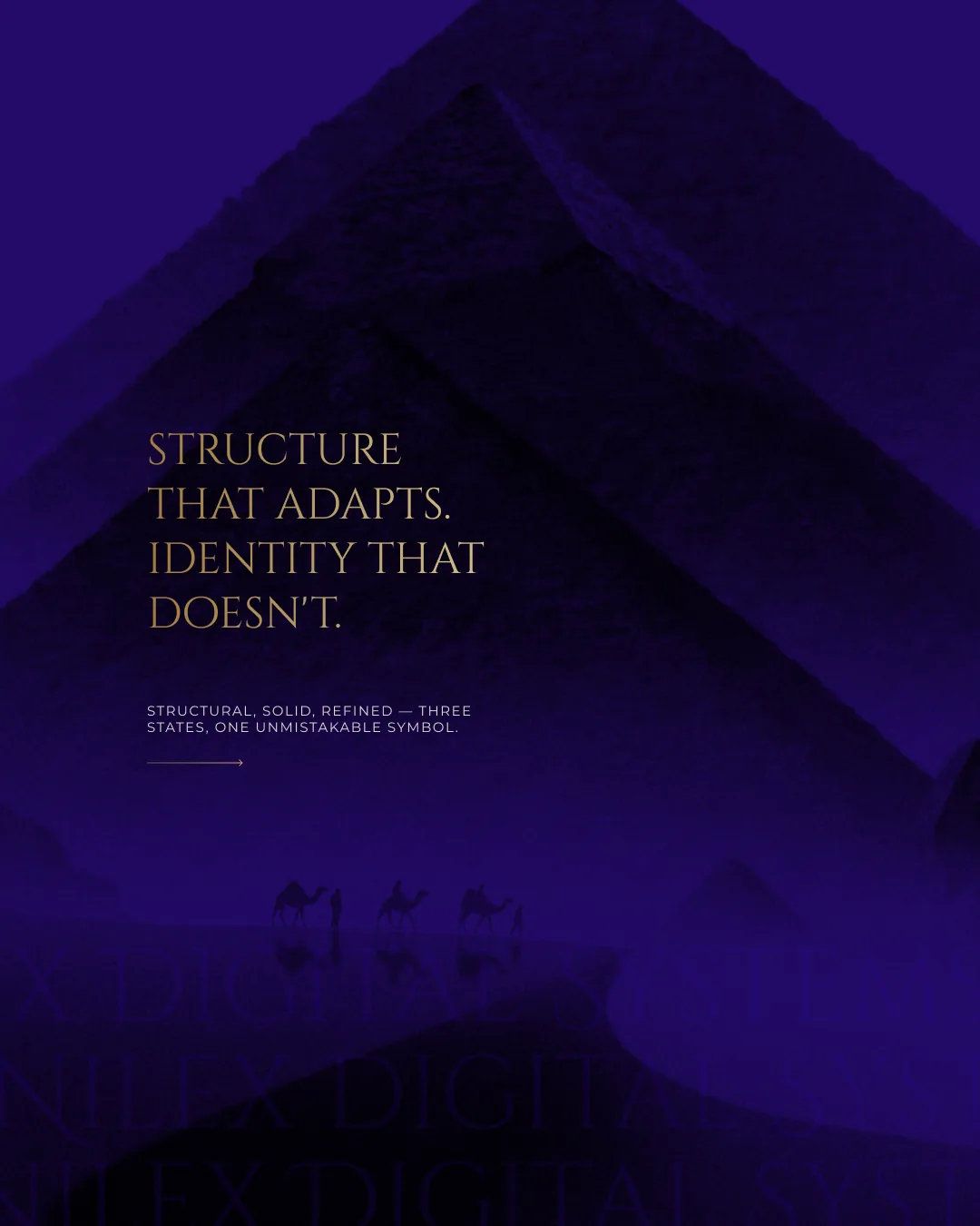 The Giza pyramids at night in Nilex purple and gold with the line: Structure that adapts. Identity that doesn’t.